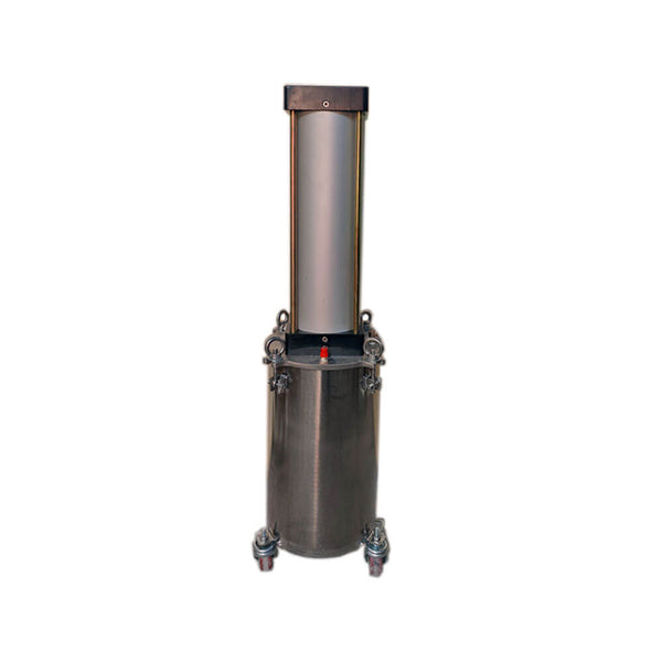 Cylindrical metal device with wheels on a white background Eazao 20L Cartridge for Ceramic 3D Printers | Eazao Clay Ceramic 3D Printer