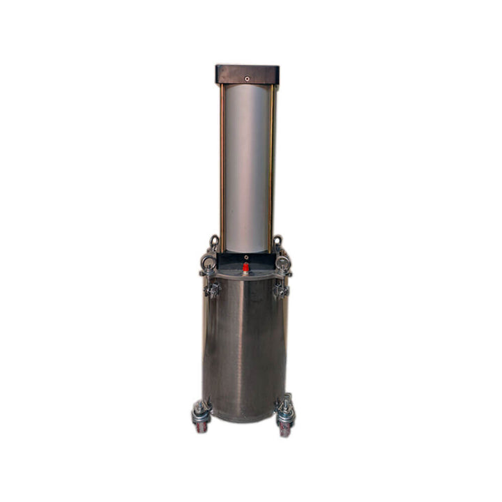 Cylindrical metal device with wheels on a white background Eazao 20L Cartridge for Ceramic 3D Printers | Eazao Clay Ceramic 3D Printer