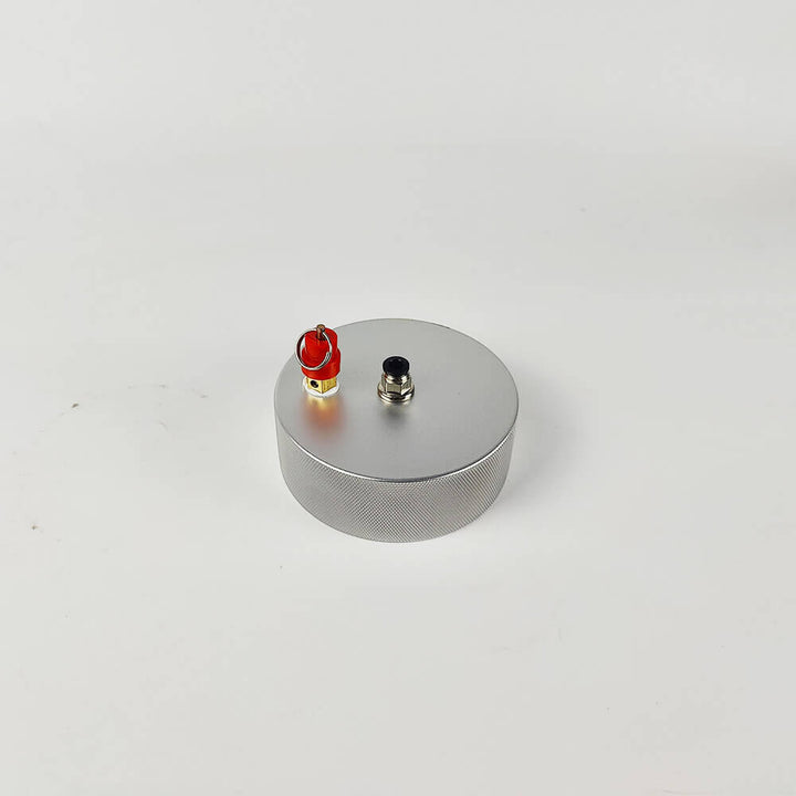 Metallic cylindrical object with a small red and black component on a white background Eazao 2L Cartridge Pneumatic Piston Kit for 3D Printers | Eazao Clay Ceramic 3D Printer