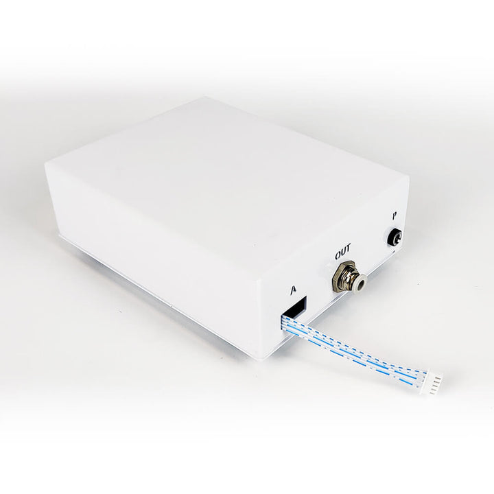White electronic device with blue LED lights on a white background Eazao Air Control Box for 3D Printing Efficiency | Eazao Clay Ceramic 3D Printer