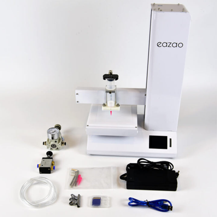 3D printer with accessories on a white background, featuring the brand 'eazao'. Eazao Bio Advanced 3D Printer for Viscous Fluids Eazao Bio Advanced 3D Printer for Viscous Fluids Print Size 150x150x240mm | Eazao Clay Ceramic 3D Printer