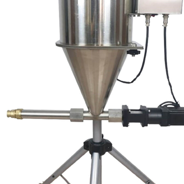 Metallic funnel-like device on a stand with a white background Eazao CCF Advanced Continuous Clay Feeder | Eazao Clay Ceramic 3D Printer