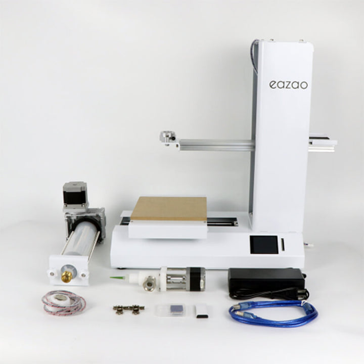 3D printer and its components on a white background with 'eazao' branding. Eazao Potter - 3D Printer for Ceramic Creations Eazao Potter 3D Printer for Ceramic Creations Print Size 165x165x280mm | Eazao Clay Ceramic 3D Printer