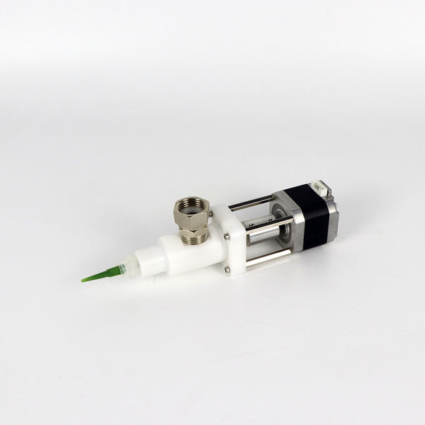 Technical device with a white body, black component, and green tip on a light gray background Eazao Potter Extruder for Ceramic 3D Printing | Eazao Clay Ceramic 3D Printer