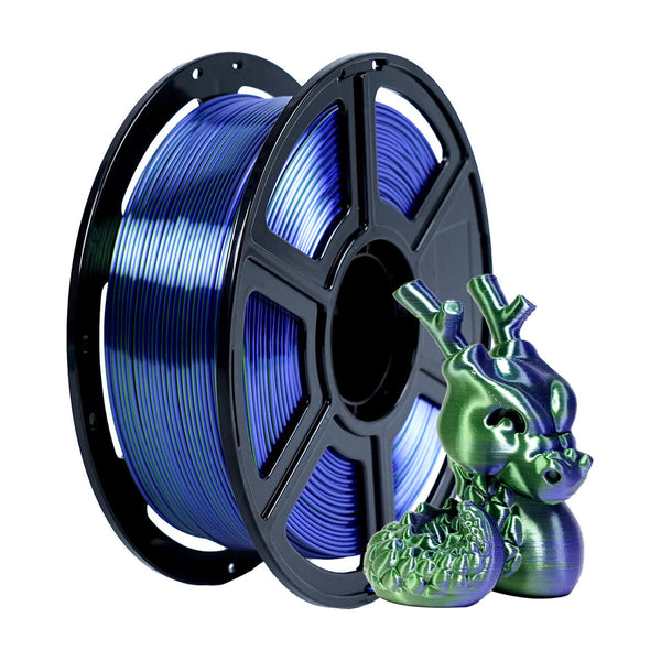 Spool of blue filament and a green 3D printed dragon figurine on a white background Flashforge PLA Silk Dual Color Filament for 3D Printing | Flashforge Filament