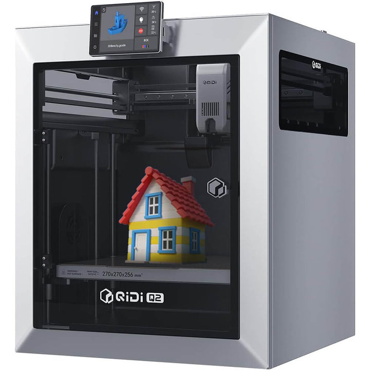 3D printer with a small model house on its bed, branded 'Qidi Tech'. QIDI Q2 3D Printer Affordable Innovation | Qidi Tech Best 3D Printer