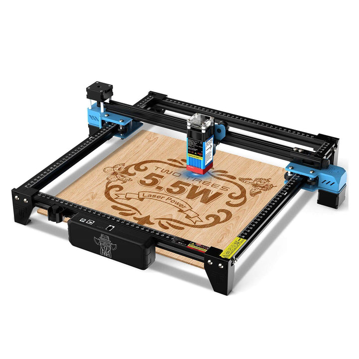Laser engraving machine on a white background with engraved wood displaying text. TwoTrees TTS-55 Pro Diode Laser Engraver High Precision Laser Cutting and Engraving Solutions | Twotrees Laser Engraver