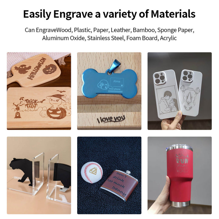 Collage of engraved items on various materials with text 'Easily Engrave a variety of Materials'. TwoTrees TTS-55 Pro Diode Laser Engraver High Precision Laser Cutting and Engraving Solutions | Twotrees Laser Engraver