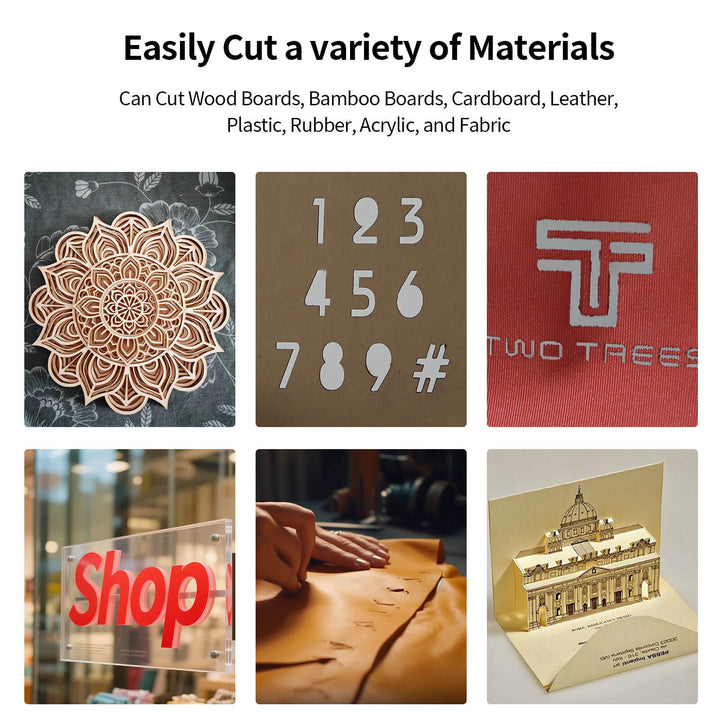 Product display with text 'Easily Cut a variety of Materials' and images of cut-out designs and materials. TwoTrees TTS-55 Pro Diode Laser Engraver High Precision Laser Cutting and Engraving Solutions | Twotrees Laser Engraver