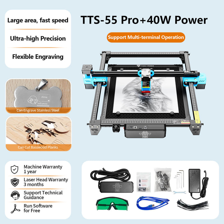 Laser engraving machine with features and accessories on a light blue background TwoTrees TTS-55 Pro Diode Laser Engraver High Precision Laser Cutting and Engraving Solutions | Twotrees Laser Engraver