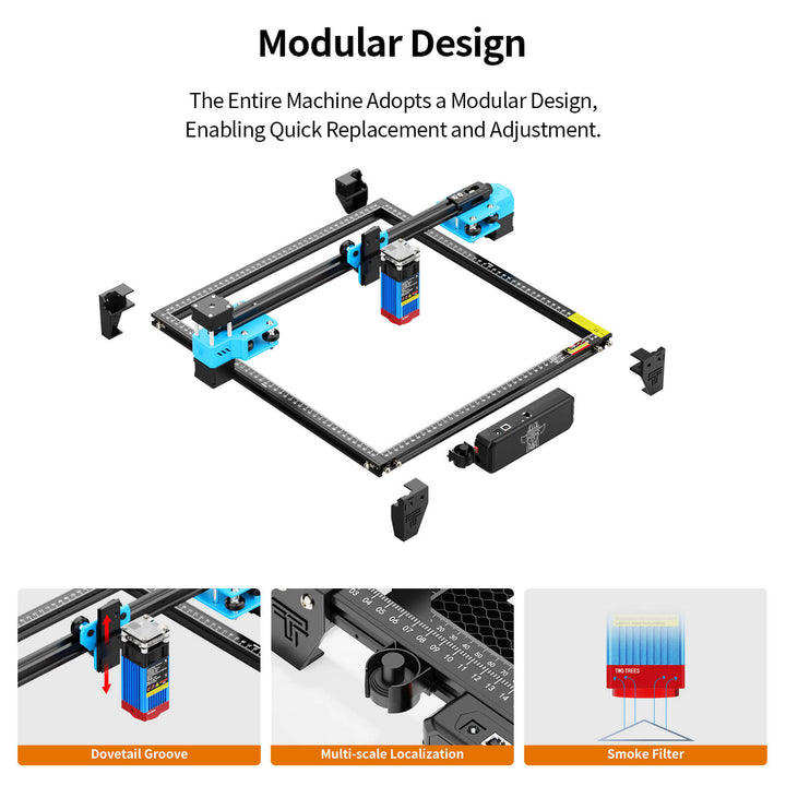 Modular machine design with text highlighting quick replacement and adjustment capabilities. TwoTrees TTS-55 Pro Diode Laser Engraver High Precision Laser Cutting and Engraving Solutions | Twotrees Laser Engraver