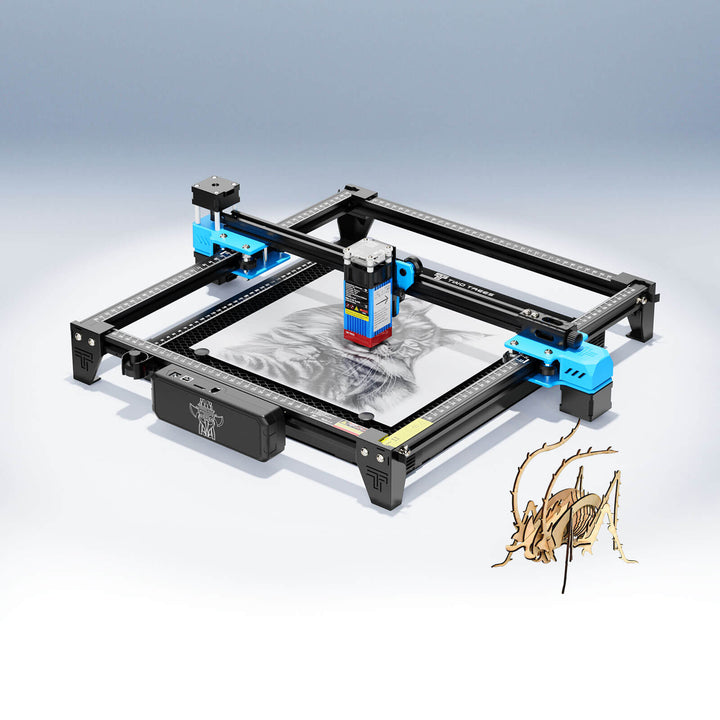 3D printer on a light gray background with a small model of a spider beside it. TwoTrees TTS-55 Pro Diode Laser Engraver High Precision Laser Cutting and Engraving Solutions | Twotrees Laser Engraver