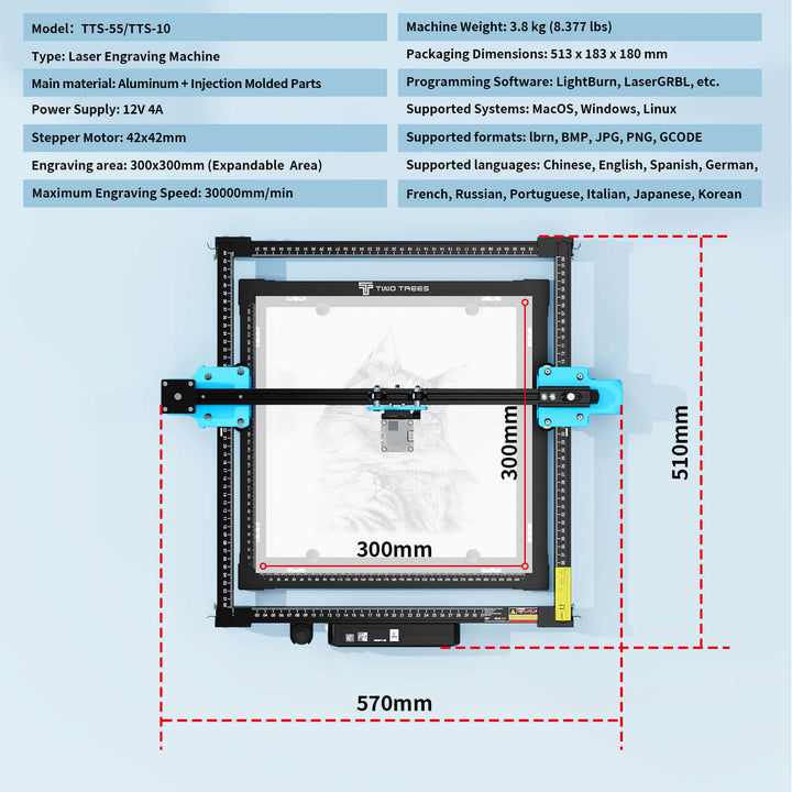 Laser engraving machine with dimensions and specifications on a light blue background TwoTrees TTS-55 Pro Diode Laser Engraver High Precision Laser Cutting and Engraving Solutions | Twotrees Laser Engraver