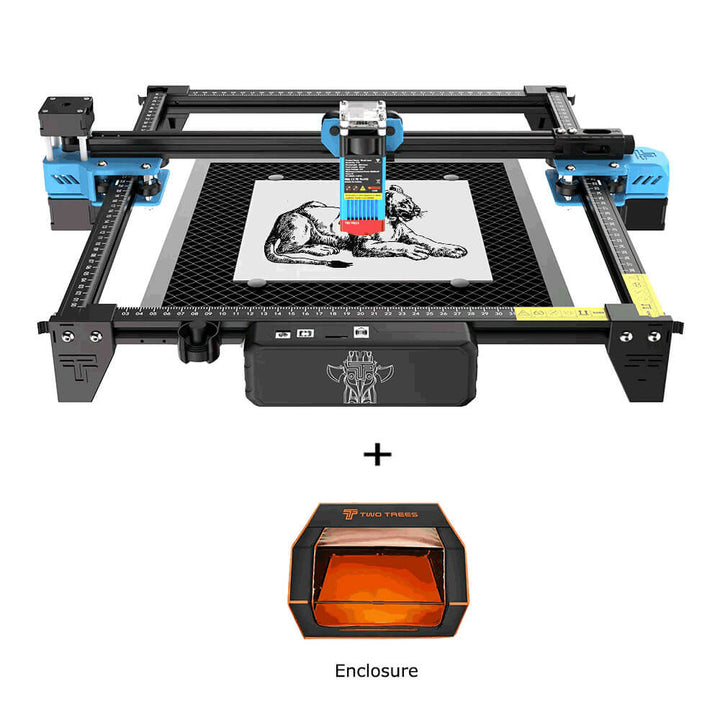 CNC machine with a dog illustration on its bed, accompanied by an enclosure on a white background. TwoTrees TTS-55 Pro Diode Laser Engraver High Precision Laser Cutting and Engraving Solutions | Twotrees Laser Engraver