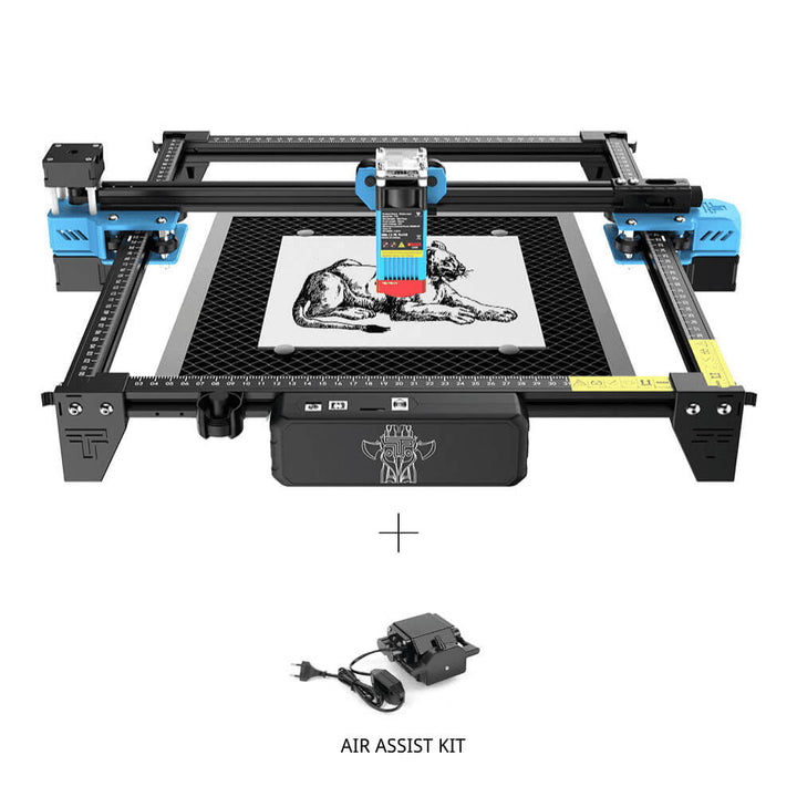 Laser engraving machine with a cat design on a white background, accompanied by an air assist kit. TwoTrees TTS-55 Pro Diode Laser Engraver High Precision Laser Cutting and Engraving Solutions | Twotrees Laser Engraver
