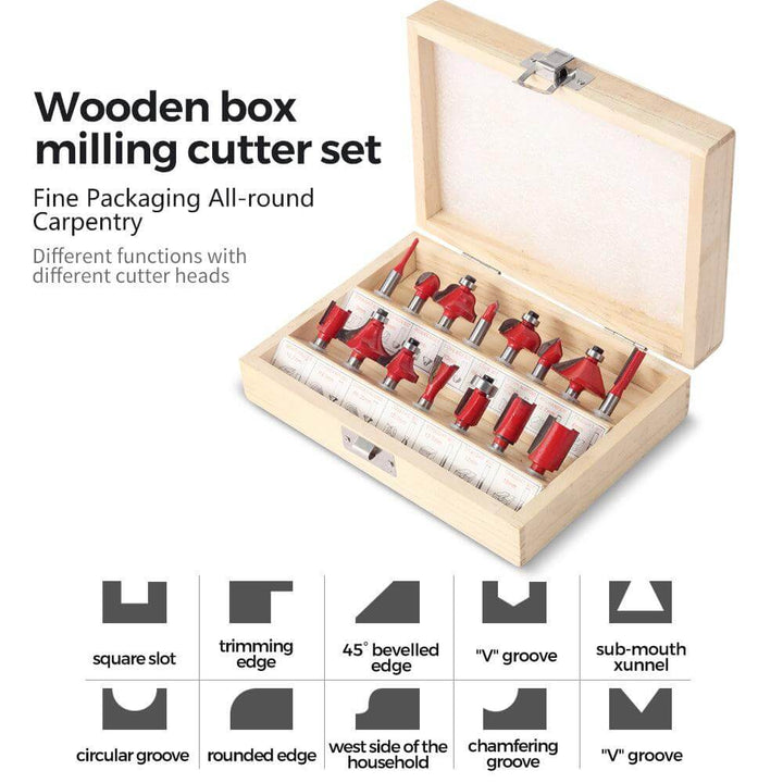 Wooden box with milling cutter set and specifications on a white background Twotrees 15 PCS Milling Cutter Set for Wood Router High-Quality CNC Router Bits | Twotrees CNC Router Bits