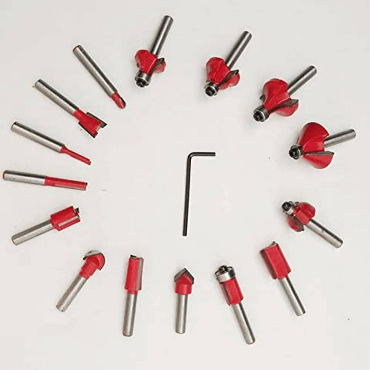 Set of red and silver router bits arranged in a circular pattern on a white background Twotrees 15 PCS Milling Cutter Set for Wood Router High-Quality CNC Router Bits | Twotrees CNC Router Bits