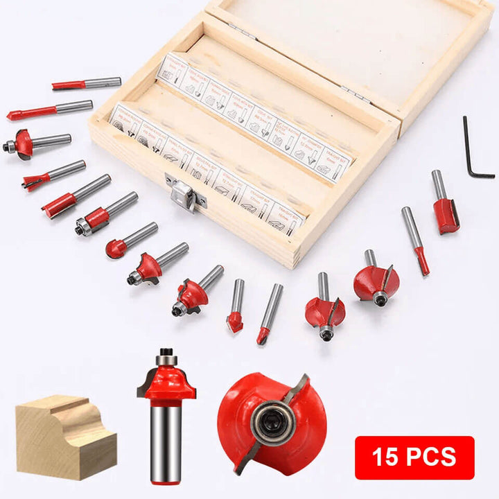 Set of router bits with a wooden case on a white background Twotrees 15 PCS Milling Cutter Set for Wood Router High-Quality CNC Router Bits | Twotrees CNC Router Bits