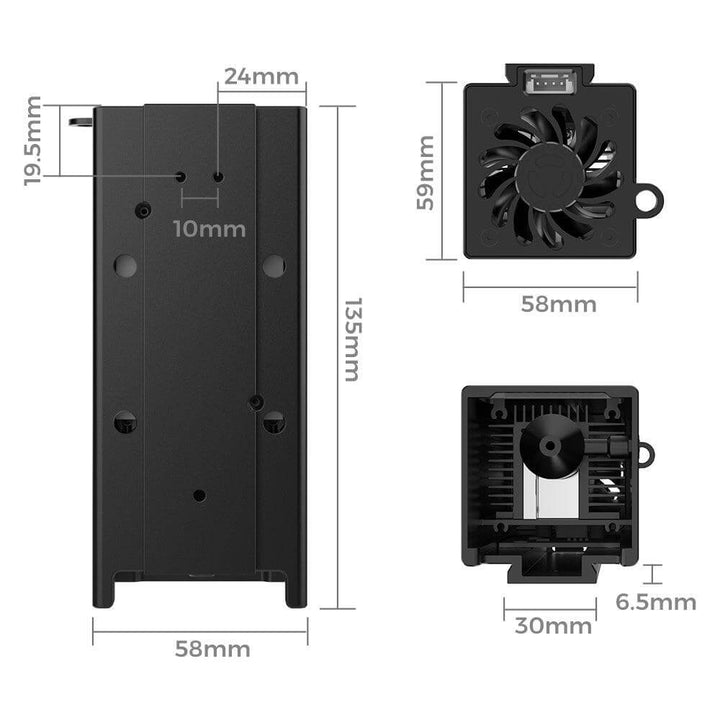 Dimensions of a black electronic component with a fan on a white background Twotrees 20W Laser Module for CNC Router TTC450 | Twotrees Laser Engraver Parts Accessories