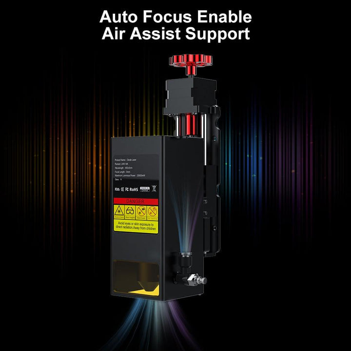 Technical device with 'Auto Focus Enable Air Assist Support' text on a dark background Twotrees 20W Laser Module with Air Assist for TS2 Laser Engraving Machine | Twotrees Laser Engraver Parts Accessories