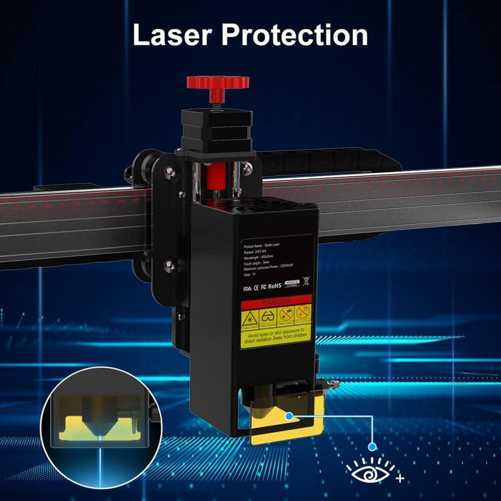 Laser protection device with warning labels on a blue background Twotrees 20W Laser Module with Air Assist for TS2 Laser Engraving Machine | Twotrees Laser Engraver Parts Accessories