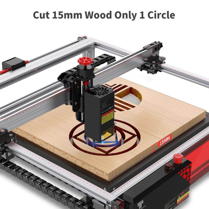 Laser cutting machine cutting a 15mm wood circle on a wooden platform. Twotrees 20W Laser Module with Air Assist for TS2 Laser Engraving Machine | Twotrees Laser Engraver Parts Accessories