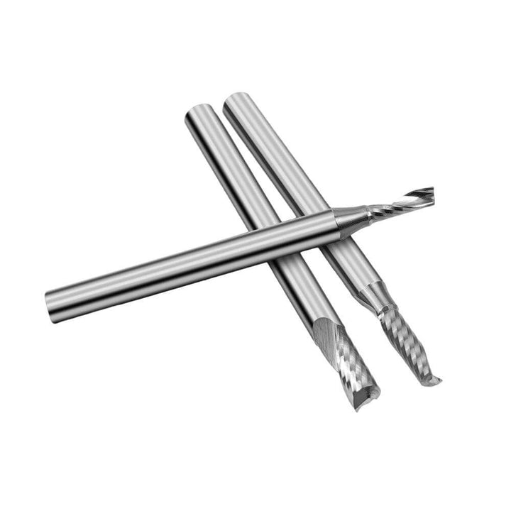 Three metal drill bits on a white background Twotrees 3 PCS HRC55 Carbide End Mills 3.175mm Precision CNC Router Bits | Twotrees CNC Router Bits