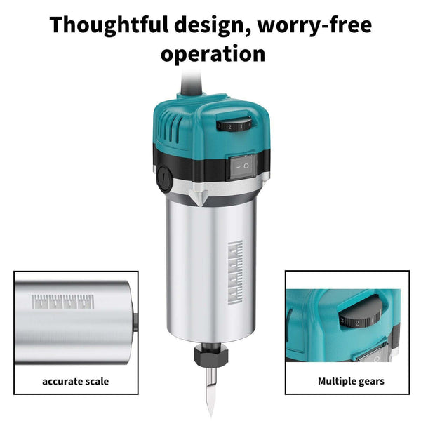 Turquoise and silver machine with text 'Thoughtful design, worry-free operation' on a white background. Twotrees 30000RPM Wood Router for CNC Machines | Twotrees CNC Router Parts Accessories