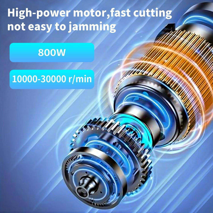 High-power motor with gear system on a blue background, highlighting features like power rating and speed range. Twotrees 30000RPM Wood Router for CNC Machines | Twotrees CNC Router Parts Accessories