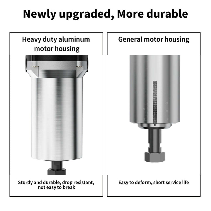 Comparison of heavy-duty aluminum motor housing and general motor housing with text highlighting durability. Twotrees 30000RPM Wood Router for CNC Machines | Twotrees CNC Router Parts Accessories