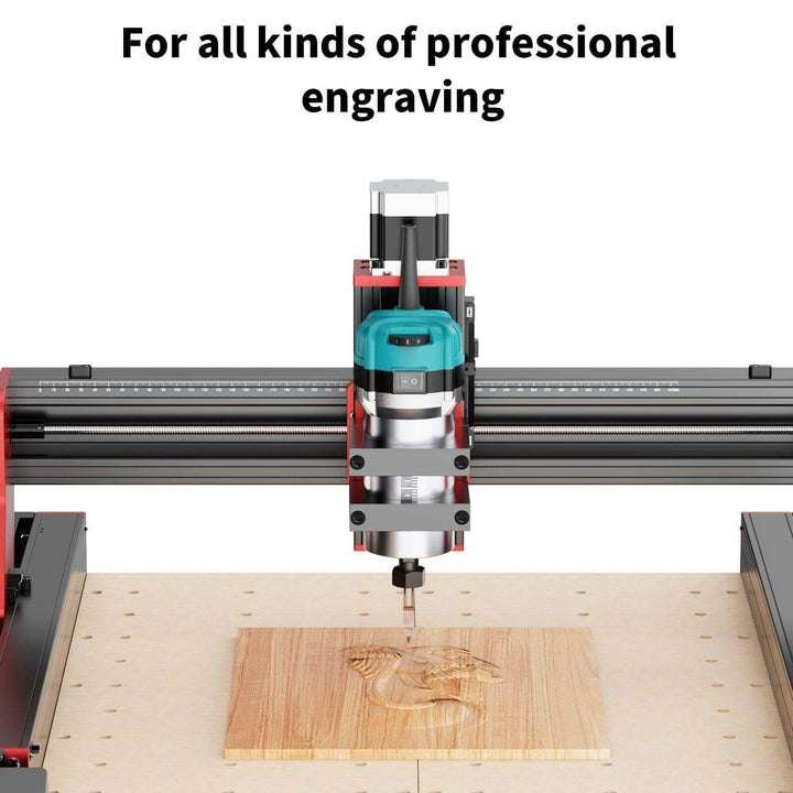 CNC engraving machine on a wooden surface with text 'For all kinds of professional engraving'. Twotrees 30000RPM Wood Router for CNC Machines | Twotrees CNC Router Parts Accessories