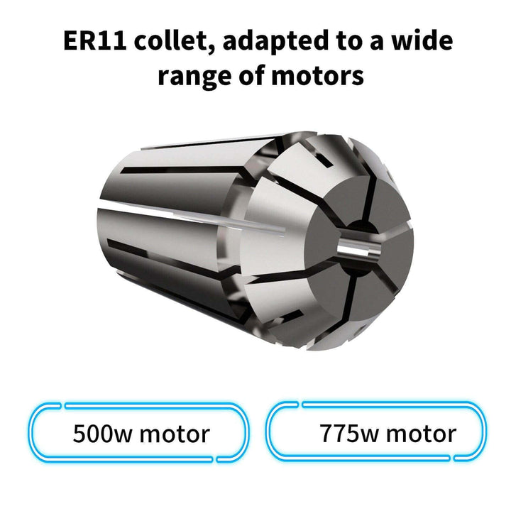 Metal collet with text indicating compatibility with 500w and 775w motors on a white background Twotrees 30000RPM Wood Router for CNC Machines | Twotrees CNC Router Parts Accessories