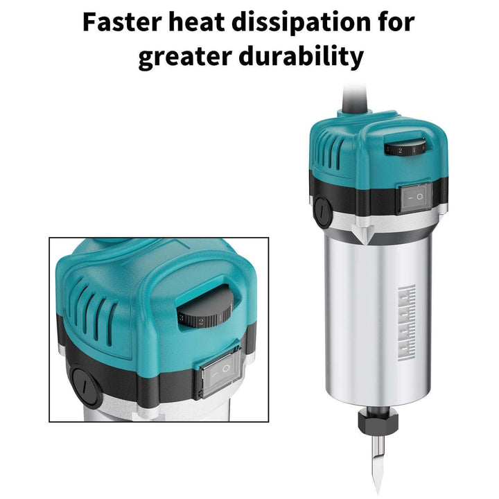 Turquoise and silver tool with text 'Faster heat dissipation for greater durability' on a white background Twotrees 30000RPM Wood Router for CNC Machines | Twotrees CNC Router Parts Accessories