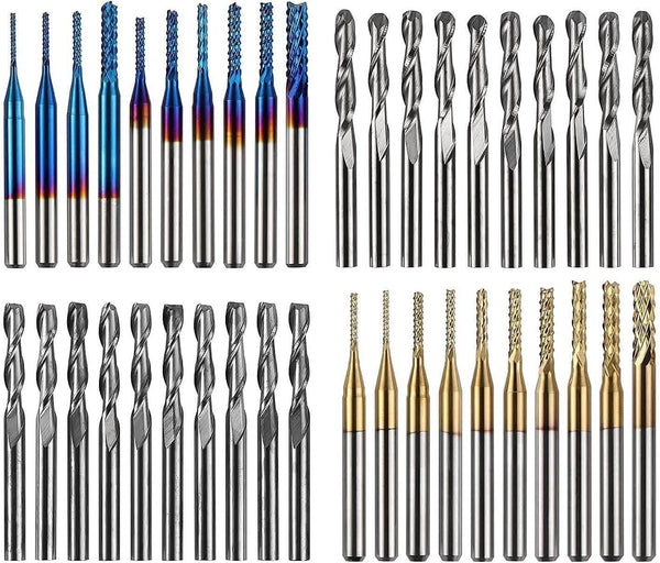 Collection of various drill bits including metal and carbide tips on a white background Twotrees 40 PCS End Mills & CNC Router Bits Set | Twotrees CNC Router Bits