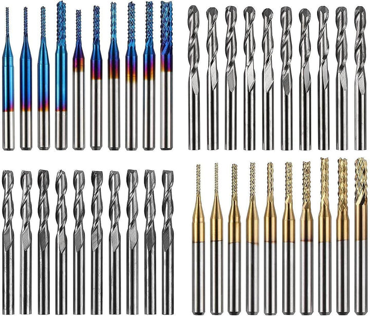 Collection of various drill bits including metal and carbide tips on a white background Twotrees 40 PCS End Mills & CNC Router Bits Set | Twotrees CNC Router Bits