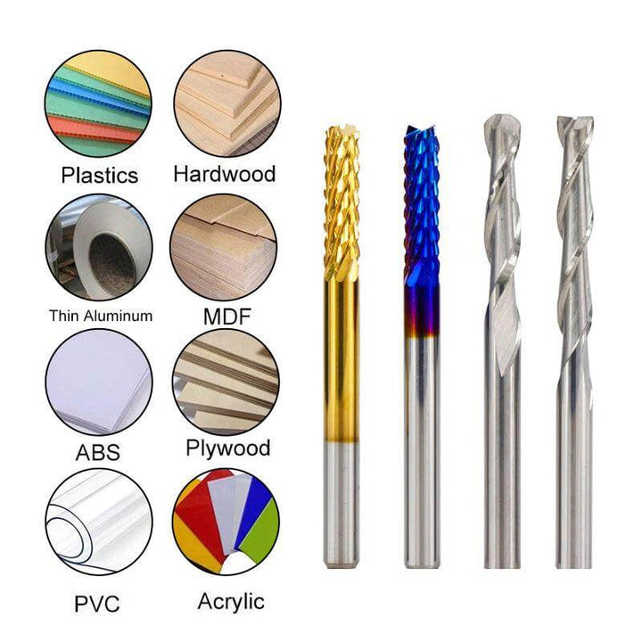 Set of drill bits with color-coded examples for different materials on a white background Twotrees 40 PCS End Mills & CNC Router Bits Set | Twotrees CNC Router Bits