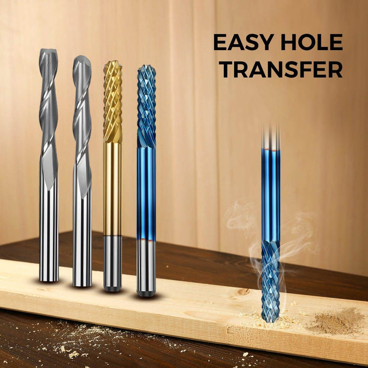 Set of drill bits with 'Easy Hole Transfer' text on a wooden background Twotrees 40 PCS End Mills & CNC Router Bits Set | Twotrees CNC Router Bits