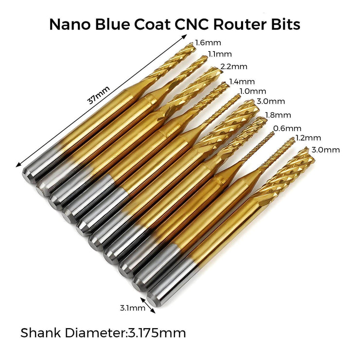 Set of Nano Blue Coat CNC Router Bits with measurements on a white background Twotrees 40 PCS End Mills & CNC Router Bits Set | Twotrees CNC Router Bits