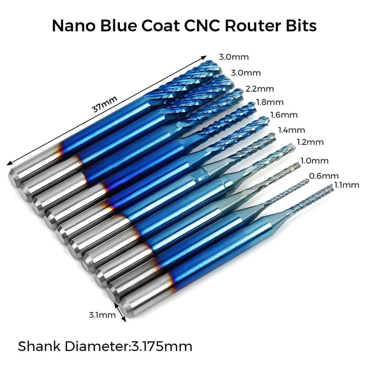 Set of Nano Blue Coat CNC Router Bits with measurements on a white background Twotrees 40 PCS End Mills & CNC Router Bits Set | Twotrees CNC Router Bits