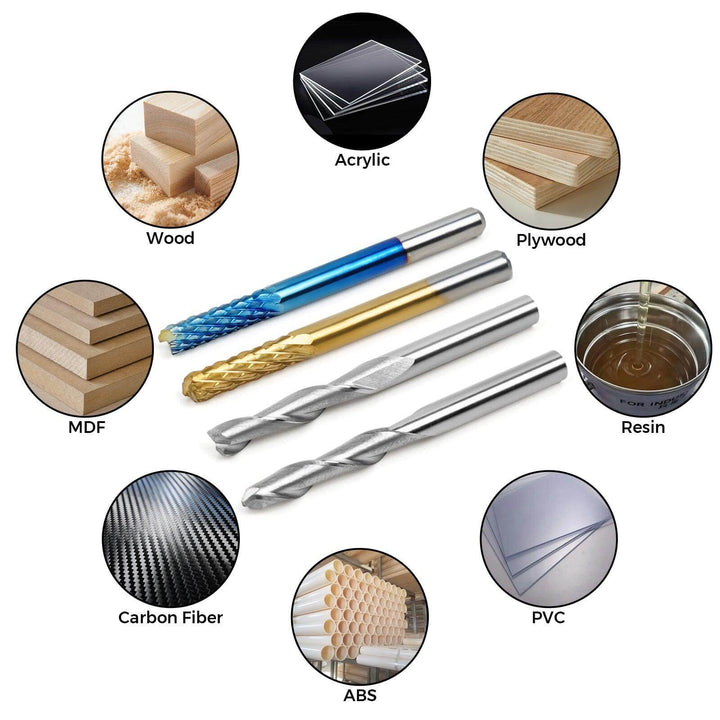 Set of drill bits with images of various materials they can cut on a white background. Twotrees 40 PCS End Mills & CNC Router Bits Set | Twotrees CNC Router Bits