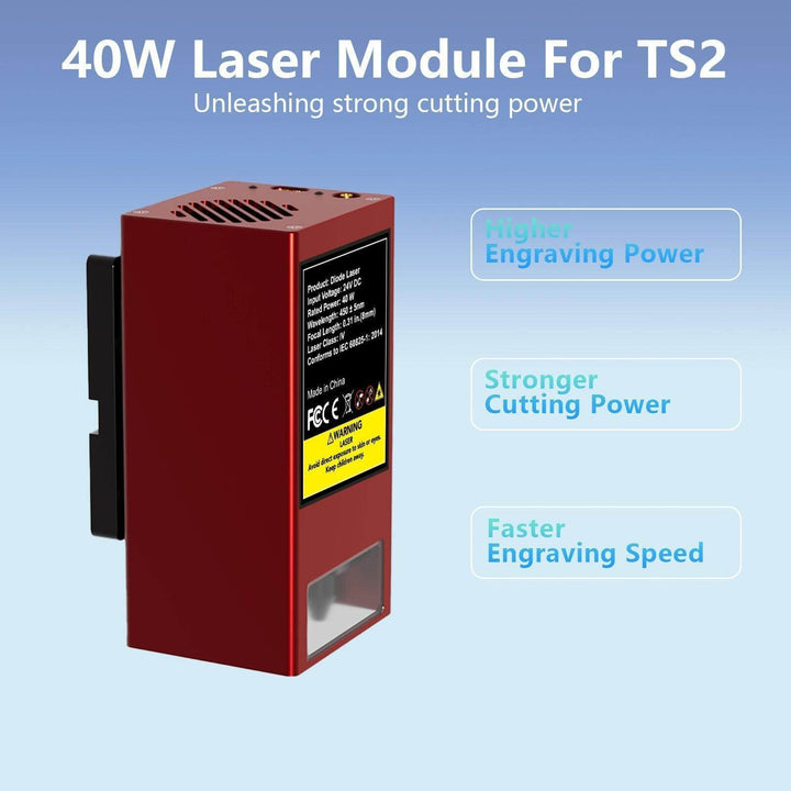 40W laser module for TS2 with features listed on a blue background Twotrees 40W Laser Head Kit for TS2-10 20 MAX Engravers | Twotrees Laser Engraver Parts Accessories