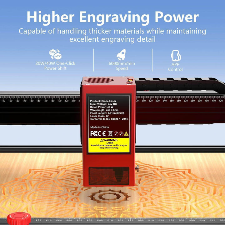 Laser engraving machine with text highlighting higher engraving power on a blue background Twotrees 40W Laser Head Kit for TS2-10 20 MAX Engravers | Twotrees Laser Engraver Parts Accessories