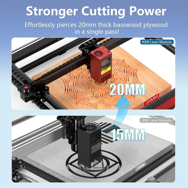 Laser cutting machine with text highlighting its ability to cut 20mm thick wood. Twotrees 40W Laser Head Kit for TS2-10 20 MAX Engravers | Twotrees Laser Engraver Parts Accessories