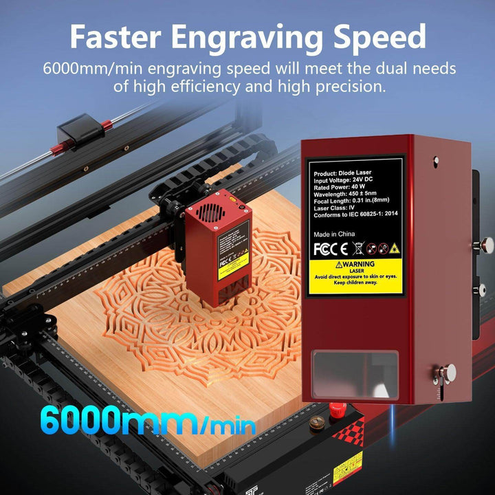 Laser engraving machine with text highlighting faster engraving speed on a blue background Twotrees 40W Laser Head Kit for TS2-10 20 MAX Engravers | Twotrees Laser Engraver Parts Accessories