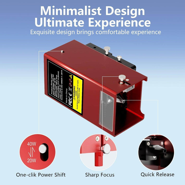 Red electronic device with features highlighted on a blue background Twotrees 40W Laser Head Kit for TS2-10 20 MAX Engravers | Twotrees Laser Engraver Parts Accessories