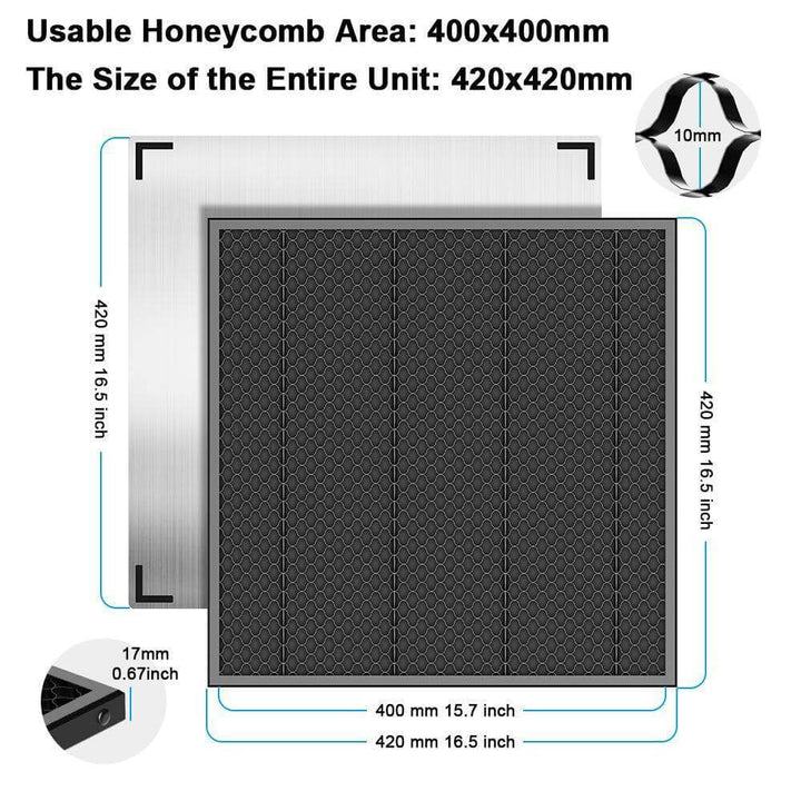 Honeycomb filter with dimensions and usable area highlighted on a white background Twotrees 420x420mm Laser Cutting Honeycomb Workbench Table | Twotrees CNC Router Parts Accessories
