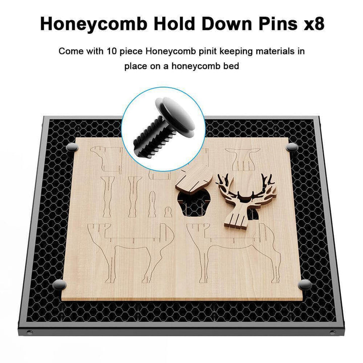 Honeycomb hold down pins with a wooden board and deer design on a white background Twotrees 420x420mm Laser Cutting Honeycomb Workbench Table | Twotrees CNC Router Parts Accessories