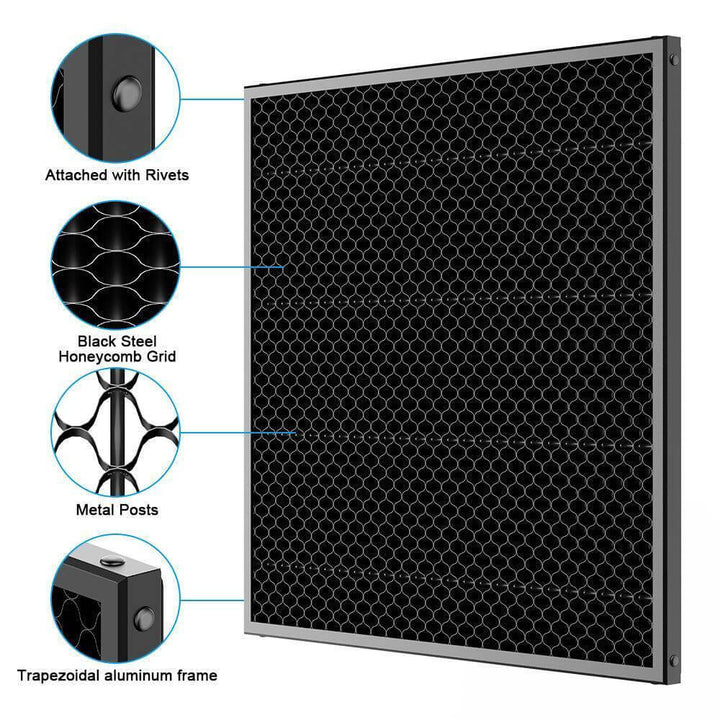 Black honeycomb filter with labeled components on a white background Twotrees 420x420mm Laser Cutting Honeycomb Workbench Table | Twotrees CNC Router Parts Accessories
