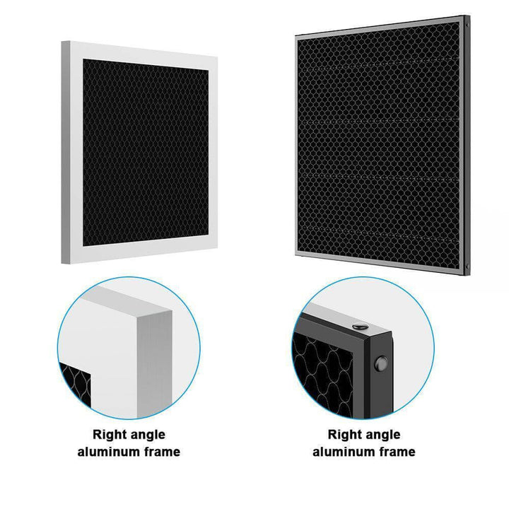 Two black filters with silver frames on a white background, showing close-up details of the frames. Twotrees 420x420mm Laser Cutting Honeycomb Workbench Table | Twotrees CNC Router Parts Accessories