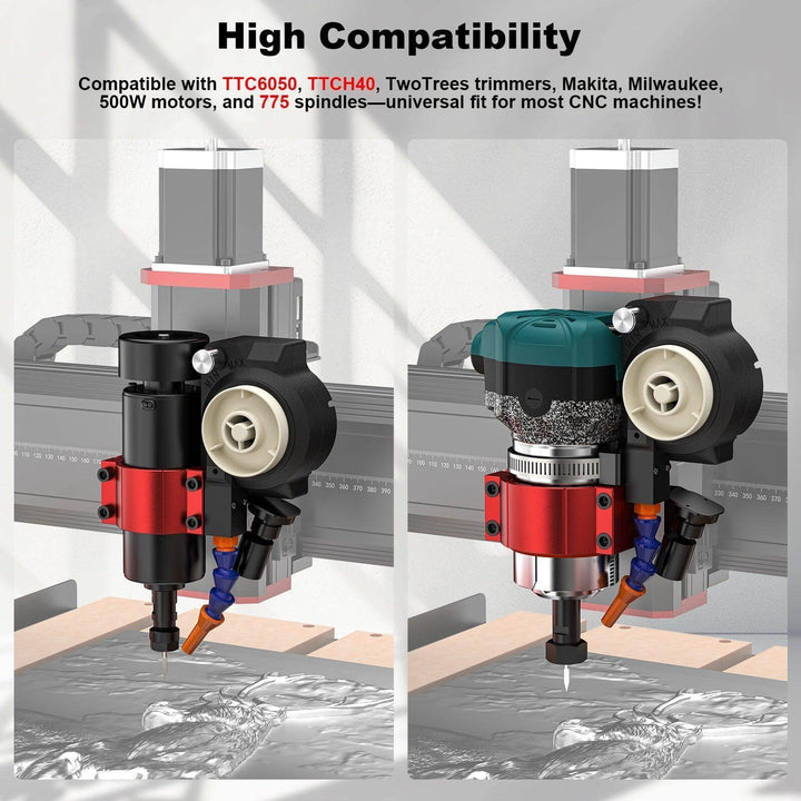 CNC machine tool with compatibility text overlay on a gray background Twotrees 500W Air Cooled Cooling Kit for CNC Routers | Twotrees CNC Router Parts Accessories